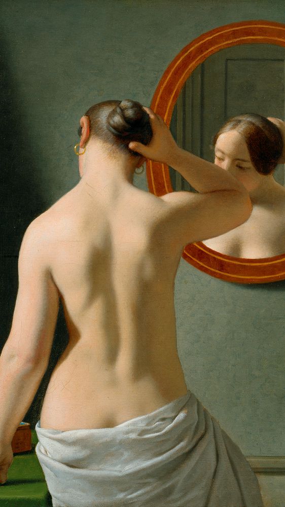 A Nude Woman Doing Her Hair Before a Mirror